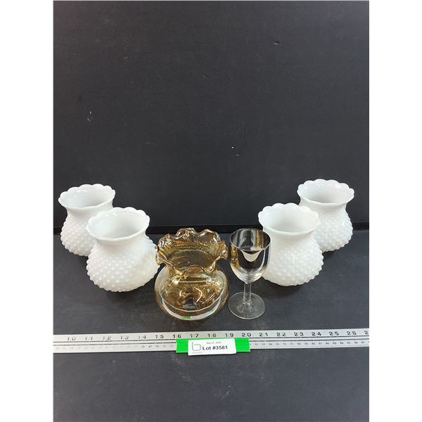 (4) Milk Glass Hobnail Lamp Shades (5" x 4.5" x 1.5" Opening), Yellow Glass Lamp Shade, Silver Ombre