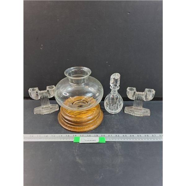 Wood & Glass Candle Holder, (2) Cactus Candle Holders, Glass Decanter