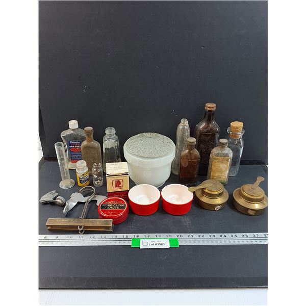 Glass Fixture Shade, Various Vintage Pharmaceutical Glass Bottles, (2) Vintage Food Warmer Burners, 