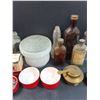 Image 3 : Glass Fixture Shade, Various Vintage Pharmaceutical Glass Bottles, (2) Vintage Food Warmer Burners, 