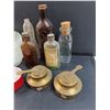 Image 4 : Glass Fixture Shade, Various Vintage Pharmaceutical Glass Bottles, (2) Vintage Food Warmer Burners, 
