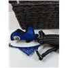 Image 2 : Black Woven Basket, (3) Small Dog Harnesses, Shower Caddy, Misc