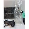 Image 3 : Black Woven Basket, (3) Small Dog Harnesses, Shower Caddy, Misc