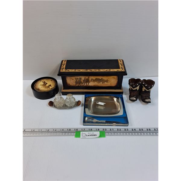 Cowboy Coaster Set, Cowboy Boots Decor & Wood Storage Box, Vintage Salt & Pepper Shaker Set & Sardin