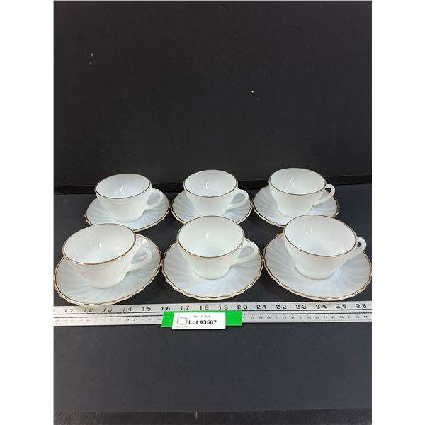 (6) Anchor Hocking Fire King Milk Glass & Gold Rimmed Tea Cup & Saucer Set