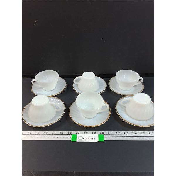 (6) Anchor Hocking Fire King Milk Glass & Gold Rimmed Tea Cup & Saucer Set