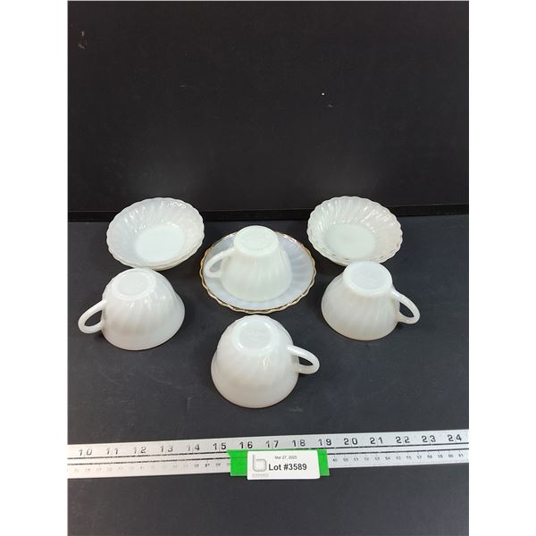 Anchor Hocking Fire King Milk Glass Lot: (4) Tea Cups, (1) Saucer, (4) Dessert Bowls