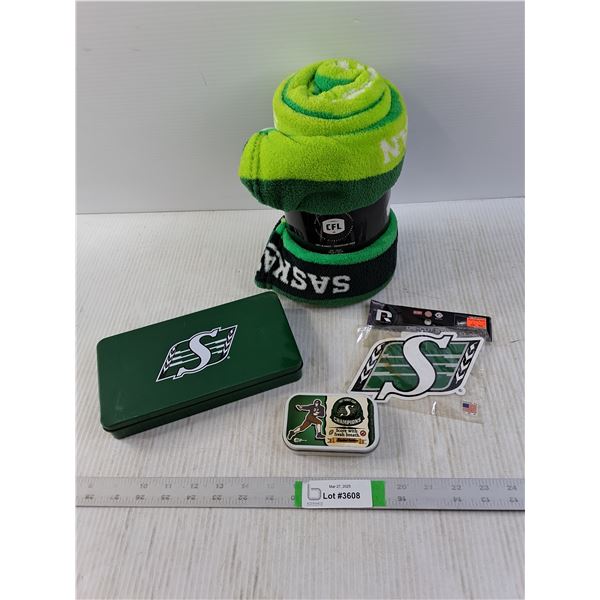 Sask Roughriders Blanket, Sticker and (2) Empty Collectible Tins