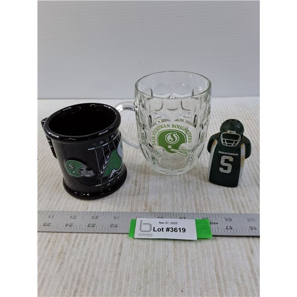 Sask Roughrider Beer Mug, Coffee Cup and Salt Shaker