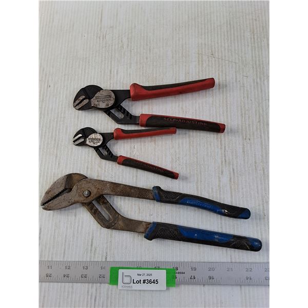 (2) Benchmark Autolock Pliers and one MasterCraft Channel Lock Pliers