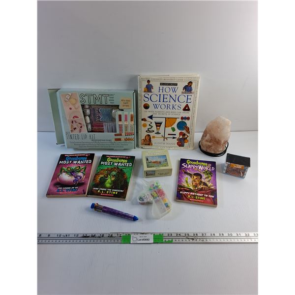 DIY Tinted Lip Kit, How Science Book Works, Salt Lamp, Goosebumps Books, Beads and Misc