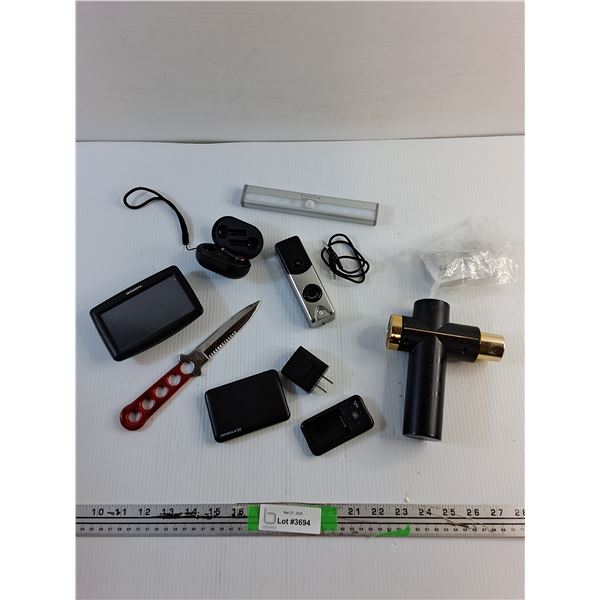 Throwing Knife, Sony Music Player, Earbuds and Misc