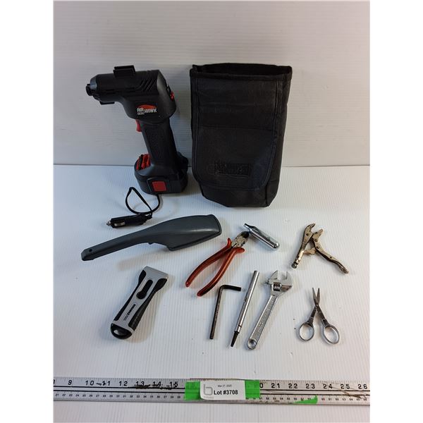 Air Hawk Pro Air Compressor, Wire Cutter, BB Gun Cartridge, Wrenches and Misc