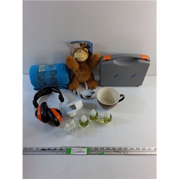 Fleece Blanket, Squeaky Toy, Soundproof Headphones, Plastic Case, Mug and AirWick Air Freshener
