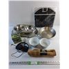 Image 1 : Tote Organizer, Steel Frying Pan, (2) Ceramic Bowls, Sony Headphones, Pet Bowls and Burlap Sheet