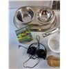 Image 2 : Tote Organizer, Steel Frying Pan, (2) Ceramic Bowls, Sony Headphones, Pet Bowls and Burlap Sheet