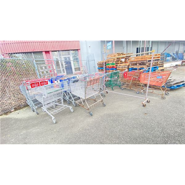 LOT OF ASSORTED SHOPPING CARTS & CLOTHING RACK