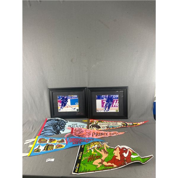 2 Framed Vancouver Canucks NHL Pictures Approx. 17.5" x 14" Plus Souvenir Pennants.