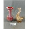 Image 1 : Solid Glass Art Duck Approx. 6.5"H & Art Glass Swirl/Stripe Vase Approx. 6"H