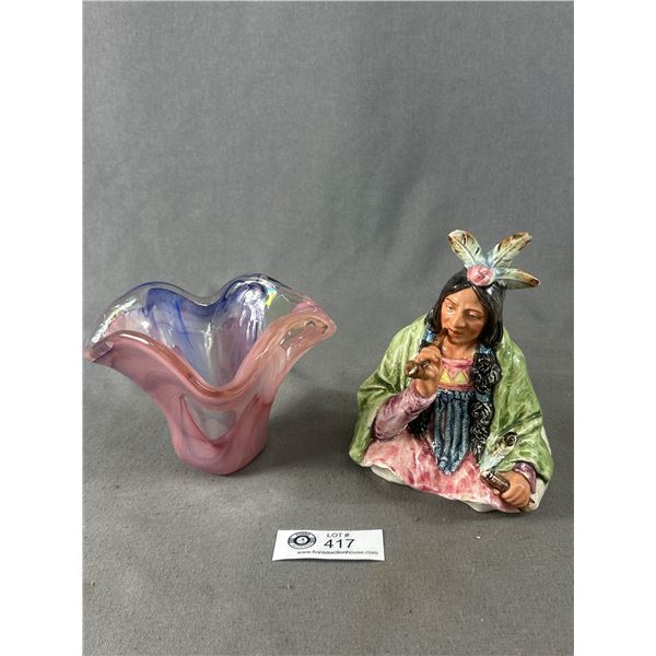 Pretty Vintage Purple/Pink Ruffle 4.5"H Vase & Ceramic Native American Indian Smoking Pipe (as found