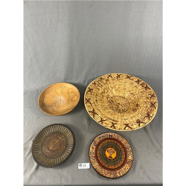Nice Exotic Asian Décor Lot - 3 Wood Plates (2 Have Detailed Art) & 19" Diam. Rattan Bowl