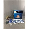 Image 1 : Set Of 3 Cottage Lane Blue & White Glass Décor (abt. 9"H), Gemstone Fountain In Original Box, Cute W