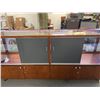 Image 3 : Large Oak and Glass Jewelry Display Case. Glass Has Crack on Top. On Wheels, with Storage Doors. NO 