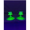 Image 1 : 2 Vintage Uranium Glass Candle Holders. Approx. 3.5" H w/ 4.5" Diam Base