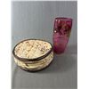 Image 1 : Vintage Cranberry Colour 9.5"Vase w/ Gold Design & 4 9" Diam. Decorative Plates