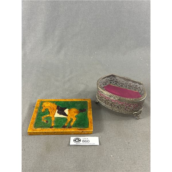 Vintage Horse Tile Art Approx. 6" x 4.5" x .5"  & Ornate Design Metal Trinket Box