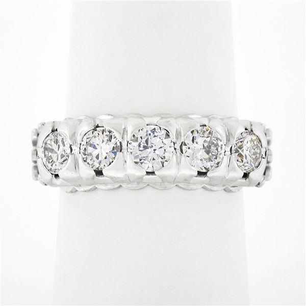 Vintage Platinum 1.30 ctw Round Diamond Large Fishtail Pave Set 5 Stone Band Rin