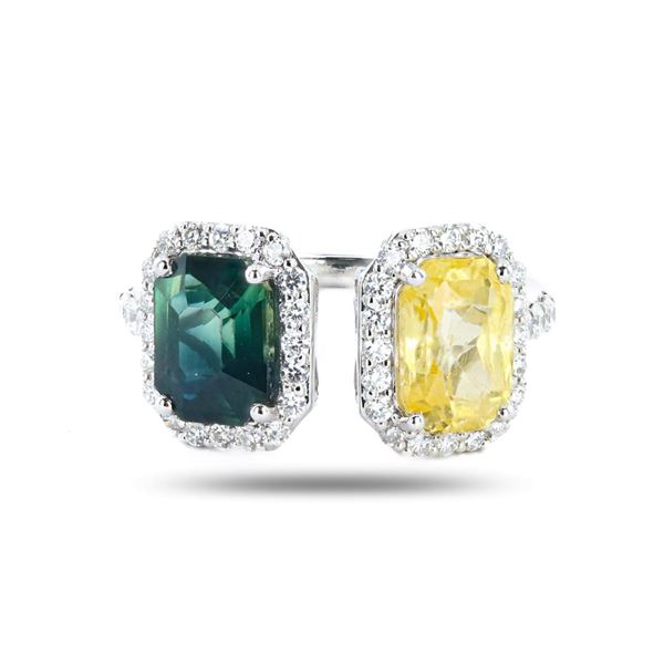 4.57 ctw Blue-Green and Yellow Sapphire and 0.59 ctw Diamond Platinum Ring (GIA
