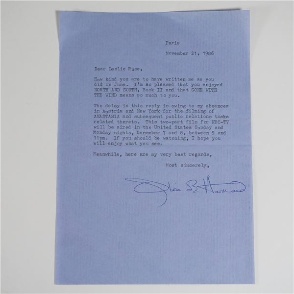 Olivia de Havilland Signed Typed Letter, 1986