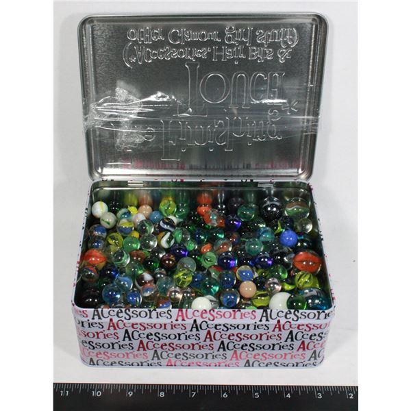 400 MARBLES IN METAL TIN VARYING SIZES