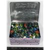 400 MARBLES IN METAL TIN VARYING SIZES