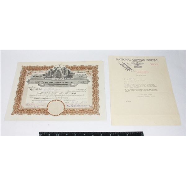 NATIONAL AIRWAYS SYSTEMS STOCK CERTIFICATE 1928
