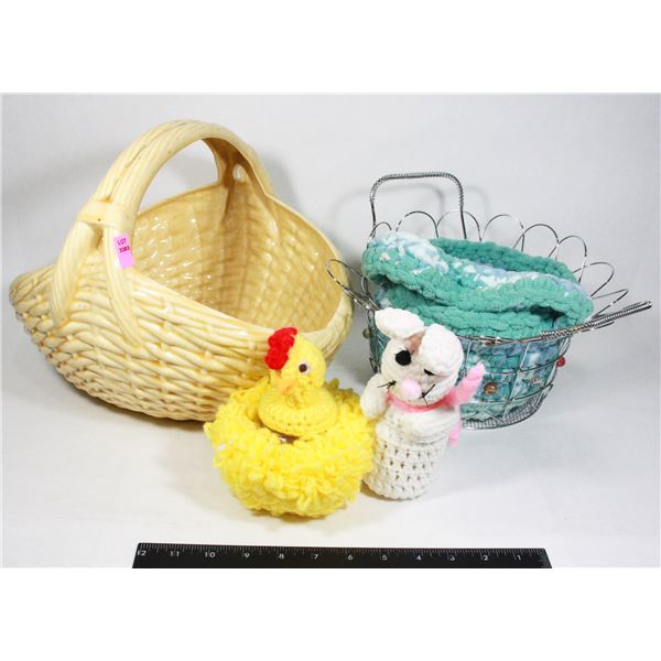 LARGE CERAMIC EASTER EGG BASKET WITH METAL EASTER