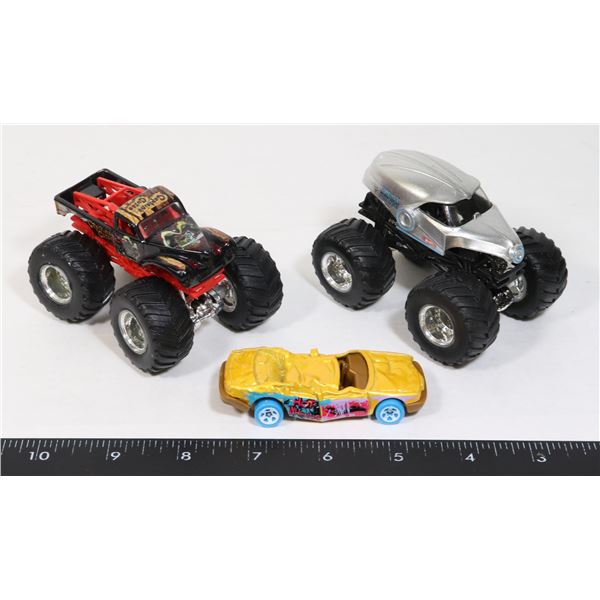 2 "HOT WHEELS" MONSTER TRUCKS + CRUSHED CAR