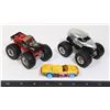 2 "HOT WHEELS" MONSTER TRUCKS + CRUSHED CAR