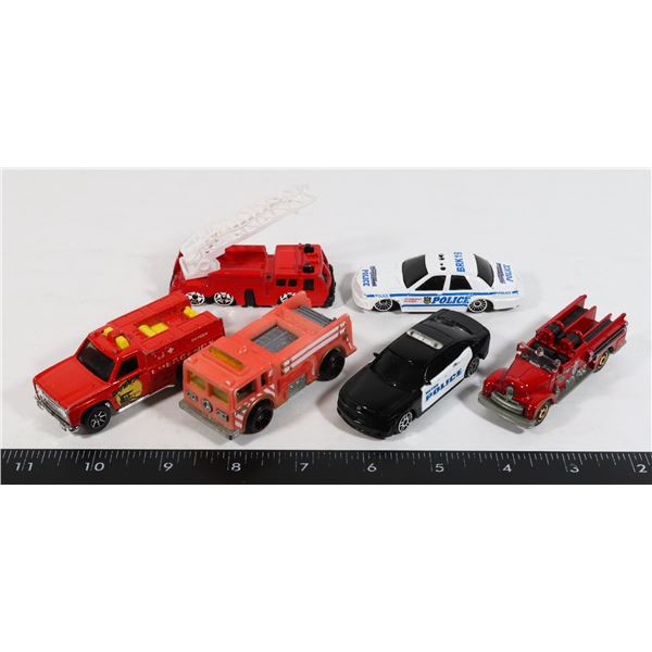 SMALL LOT OF VINTAGE FIRETRUCKS,POLICE CARS ETC.