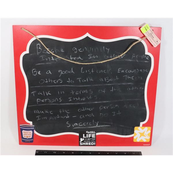 WOODEN CHALK BOARD HANGING SIGN. INCLUDES