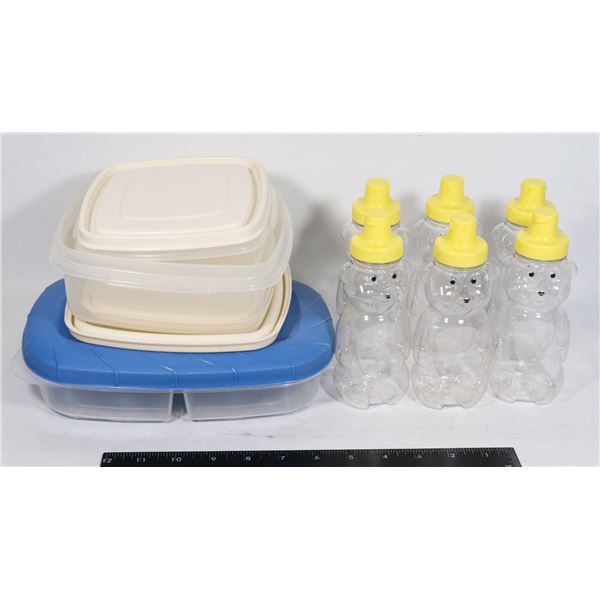 7 HONEY BEARS SOLD WITH SOME FOOD CONTAINERS