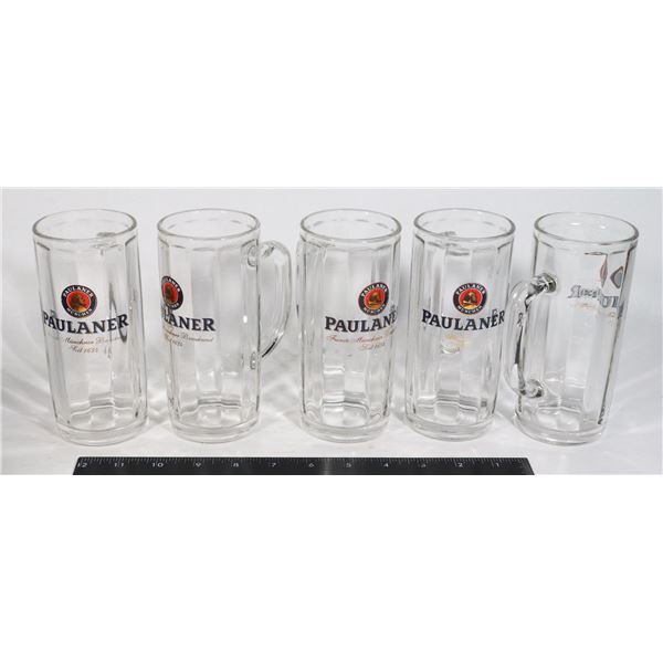 5 PAULANER BEER MUGS WITH HANDLES