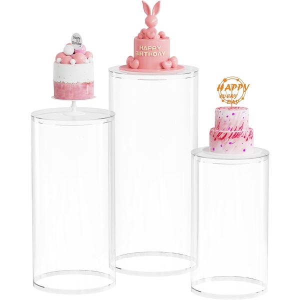 SET OF 3 NEW CLEAR ROUND CYLINDER PEDESTAL STANDS