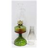 Image 1 : VINTAGE GREEN OIL LAMP WITH 2 GLASS CHIMNEYS