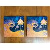 Image 1 : Qty 2 Small Abstract Vibrant Wave Art on Bamboo Wood Panels (Each 8" x 8")