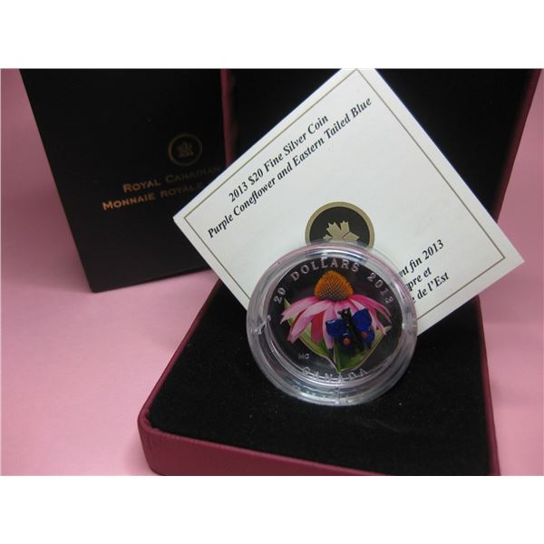 2013 $20 Fine Silver Coin - Purple Coneflower and Eastern Tailed Blue