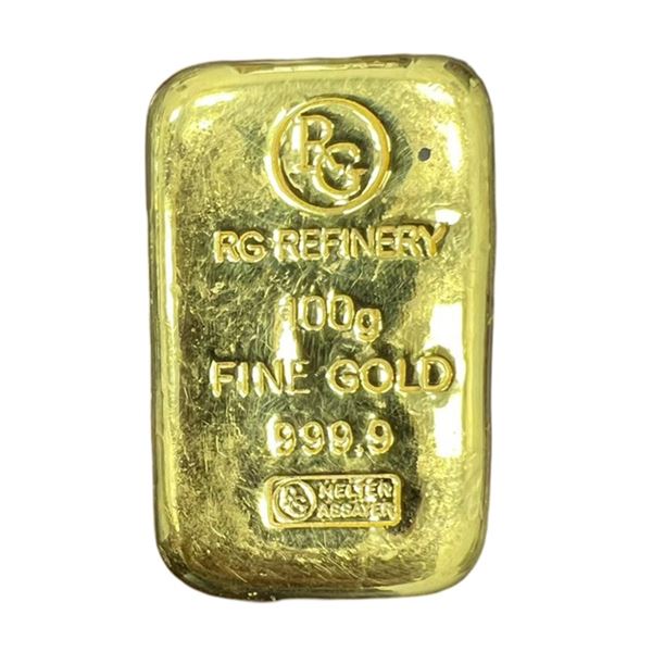 100 gram 0.999 Fine Gold Cast Bar – RG Refinery, UAE