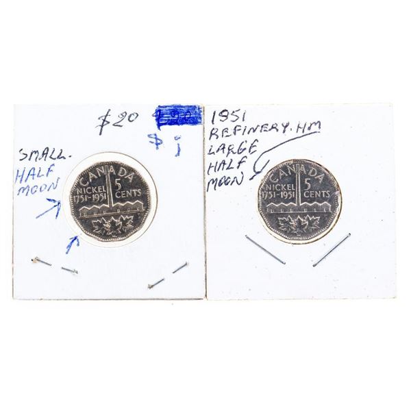 Lot 2 Canada 1751-1951 Refinery Large & Small Half Moon Coins - Five Cents
