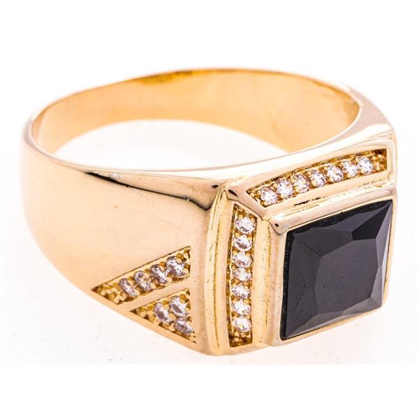 18kt Gold Overlay Signet Style Ring Black w/ Halo Size 12